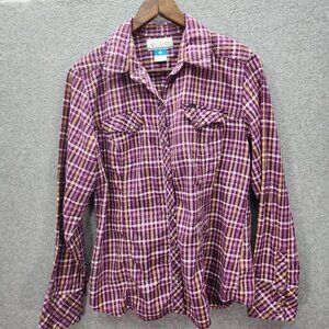 Columbia Womens Long Sleeve Plaid Button-Up Shirt L Purple & Yellow Cotton Blend